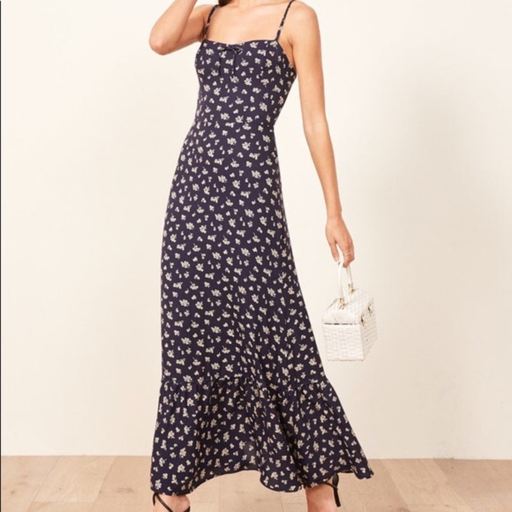 REFORMATION PRAIRIE MAXI DRESS NEVADA BLUE WHITE
